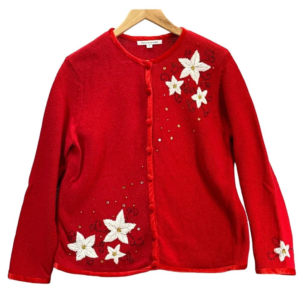 Mercer Street Studio Vintage Red White Beaded Poinsettia  Button Up Sweater M